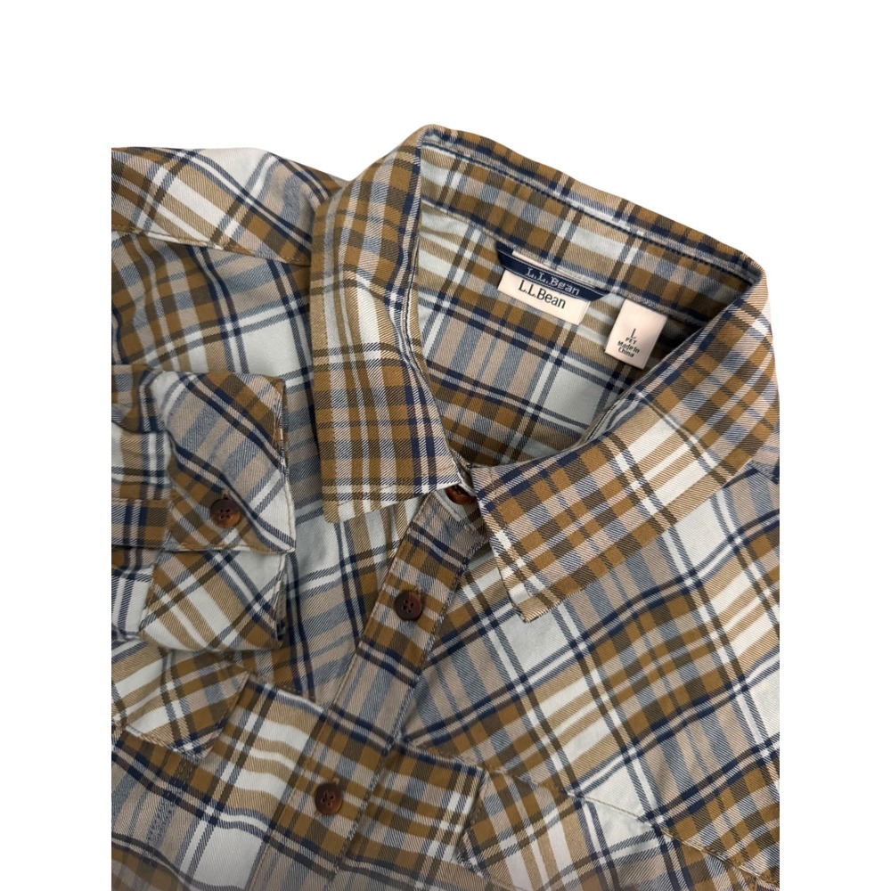 L.L. Bean Cabin Stretch Flannel Shirt Plaid Brown Blue Women Large Petite 509037